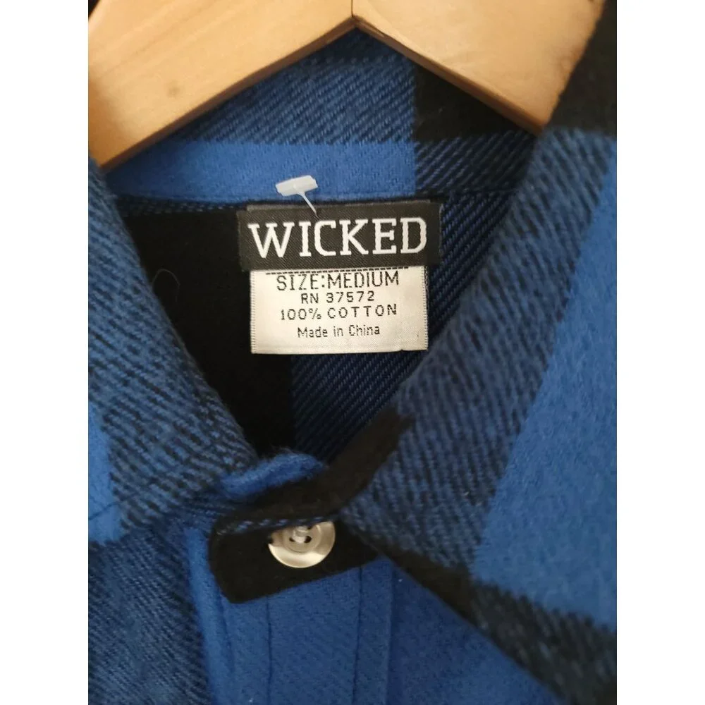 WICKED Clothing PUBLIC ENEMY Blue & Black Plaid Long Sleeve Shirt Men's Size M - Picture 6 of 7